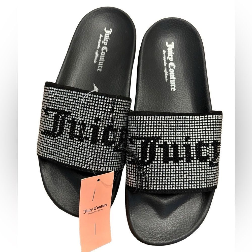NWT Juicy Couture Wander Rhinestone Slide Sandals Black Size 7